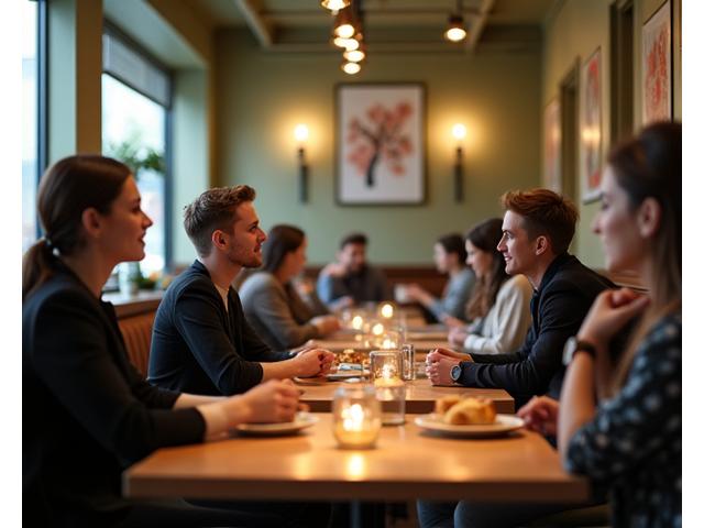 아늑하고 세련된 카페에서 사람들이 커피와 디저트를 즐기는 모습