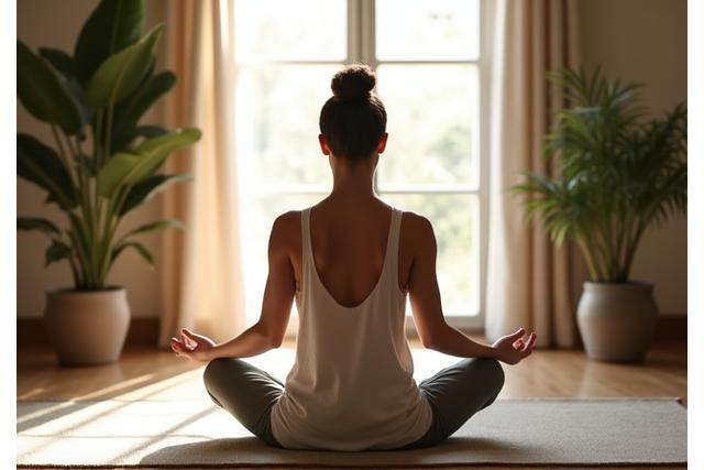 Flow & Bloom 창업자가 평화로운 요가 스튜디오에서 명상하는 모습